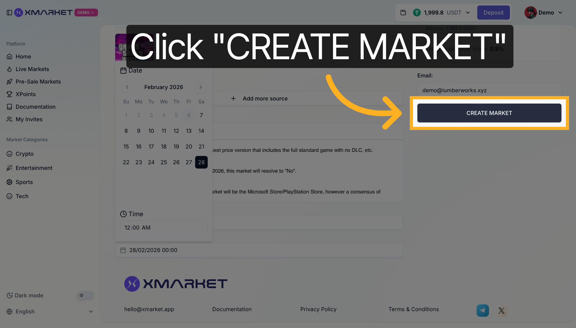 Market creation success message